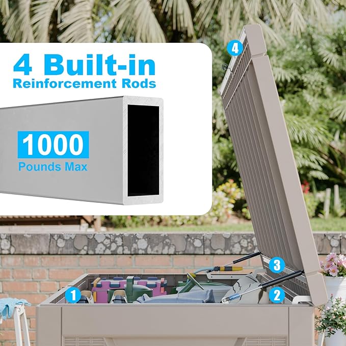 267 Gallon Deck Box Large Outdoor Storage for Patio Furniture,Outdoor Cushions,Garden Tools and Pool Supplies,Waterproof,Resin,Lockable(Grey Rattan)