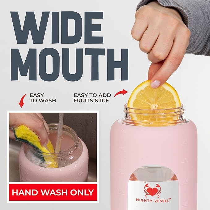 64oz Glass Water Bottle | Pink Water Bottle with Straw & Time Marker | Half Gallon Water Bottle with Measurements & Silicone Sleeve | Suitable for Travel, Gym, Sports & Daily Intake