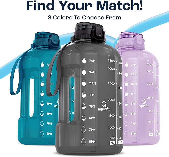AQUAFIT 1 Gallon Water Bottle with Time Marker - BPA Free 128 oz Water Bottle with Straw, Gym Water Bottle with Handle, 1 Gallon Water Jug, Big Water Bottle, Large Water Bottle (Gray)