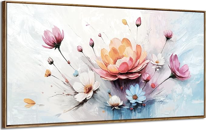 amatop Framed Floral Canvas Wall Art Picture Large Pink Blue Abstract Bloom Bouquet Print with Daisy Peony Elegant Botanical Nature Artwork for Living Room Bedroom Dining Room Entryway Decor 48x24 inch