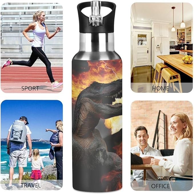 Blueangle Dinosaurs World Stainless Steel Water Bottle with Straw, BPA Free Reusable Leakproof Water Jug for Fitness Camping Outdoor Sports