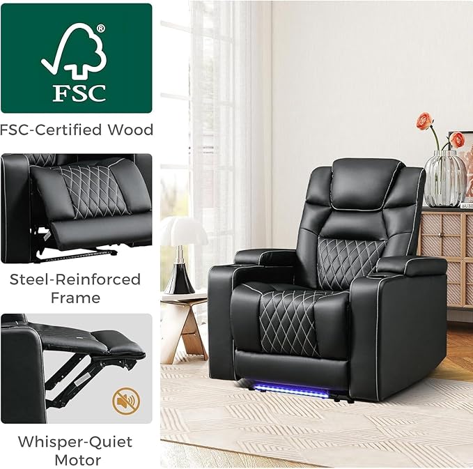 ANJ Power Home Theater Recliner Chair Set of 2, Electric Movie Theater Seating Reclining Chairs with Cup Holders for Living Room, Faux Leather with Blue LED, USB Ports, Hidden Arm Storage (Black)