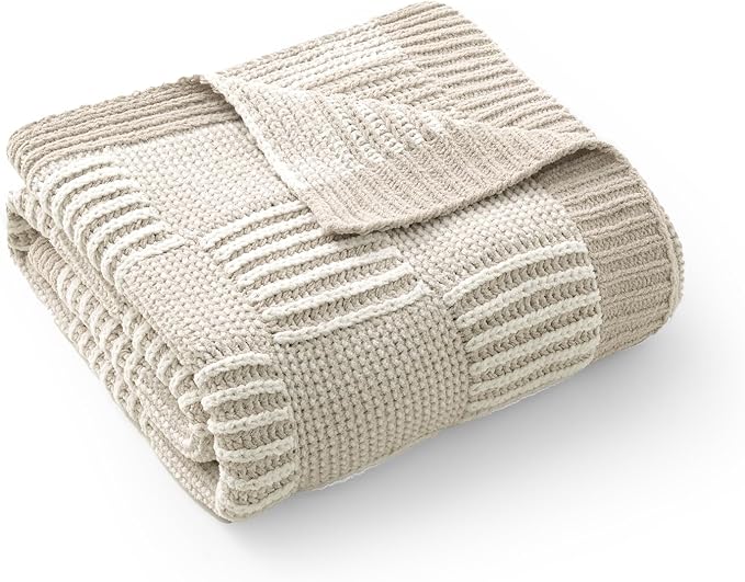 Amélie Home Chenille Knit Throw Blanket for Couch, Checkered Texture Decorative Soft Blanket for Sofa, Bed & Living Room, 50"x60", Khaki & White