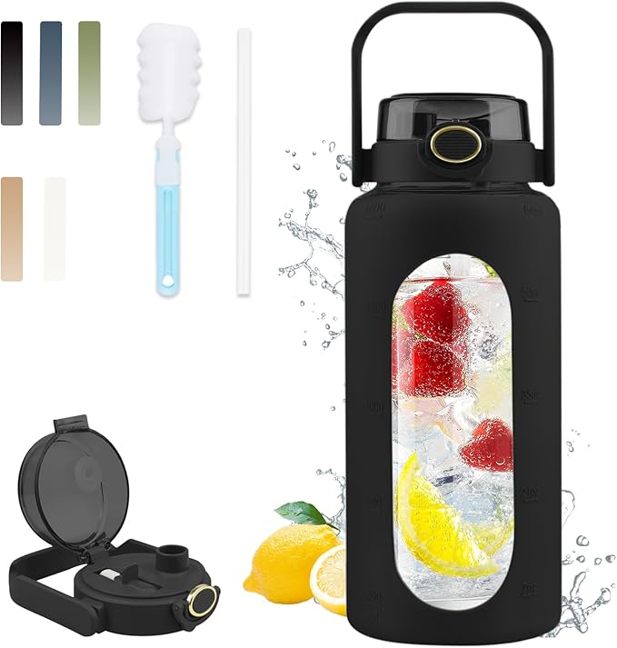 64 Oz Glass Water Bottle with Straw and Lid, Sports Motivational Water Bottle, Leakproof Water Jug Fitness with Silicone Sleeve for Gym, Black