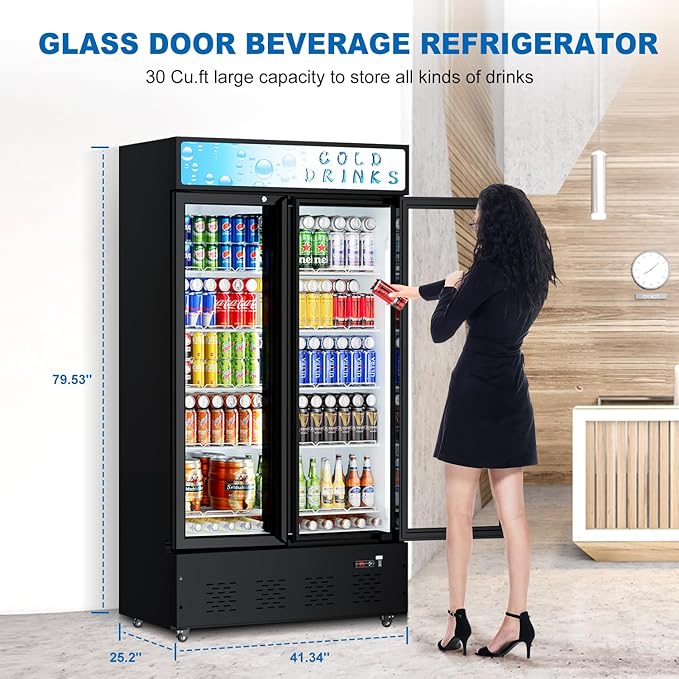 30 Cu.ft. Commercial Beverage Refrigerators Glass Door Refrigerator Upright Display Cooler with Soft LED Light and Adjustable Shelves for Restaurant Grocery Stores Home