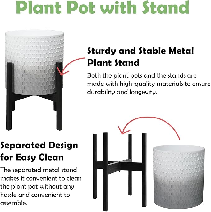 10 & 12 Inches Planters with Metal Sand for Indoor Plants Set of 2,Decorative Plant Pots with Holder, Outdoor Flower Pots with Legs, Modern Garden Pot with Drainage Holes for Snake Plant, House plants