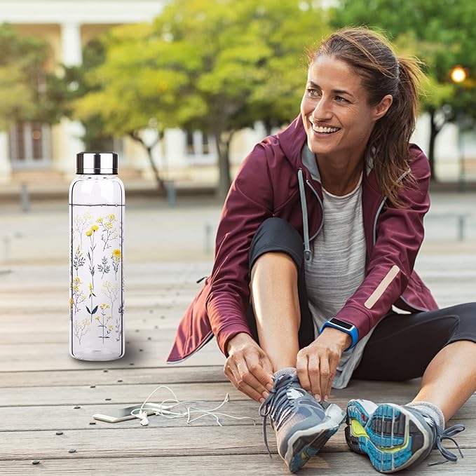 Borosilicate Glass Water Bottle, Sports Glass Drinking Bottle with Neoprene Sleeve and Stainless Steel Lid 16oz / 32oz (16oz, Blooming Branches)