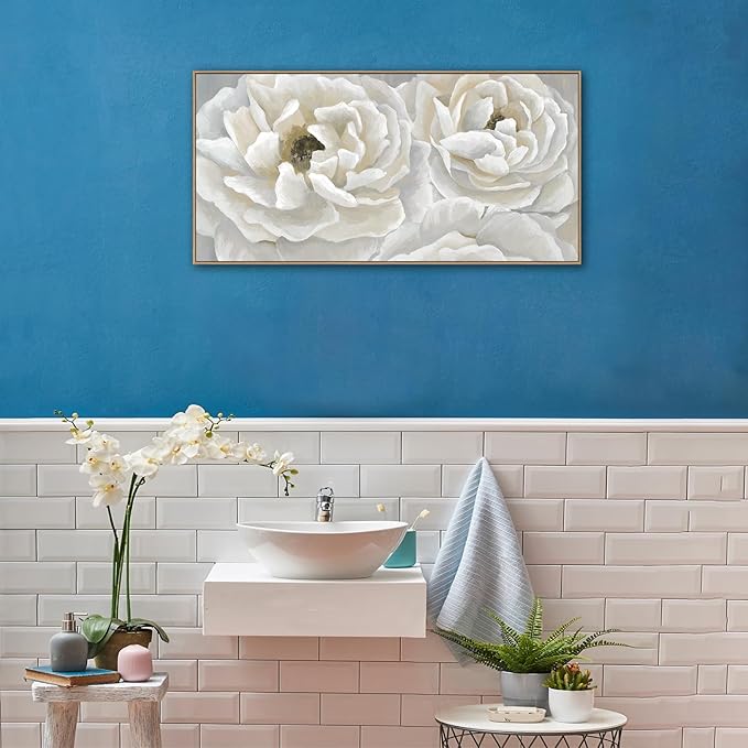 arteWOODS Cream White Flowers Framed Wall Art - Soft Peony Pictures for Wall Decor Elegant Blossom Flower Painting Artwork Botanical Prints for Living Room Home Office Wall Decoration 20" x 40"
