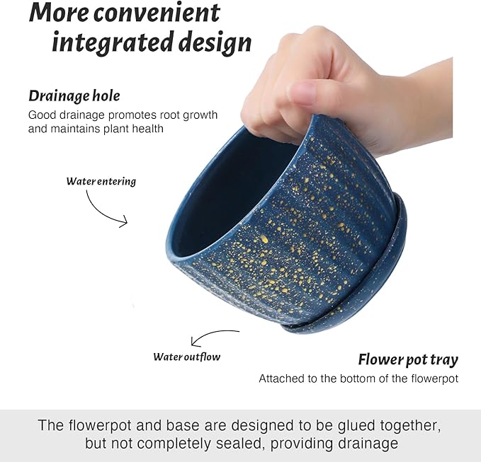 4/5/6 Inches Ceramic Plant Pots with Drainage Holes and Saucers, Round Flower Pots for Indoor Plant, Modern Flower Planters Set of 3 (Blue with Dot-Big Size)