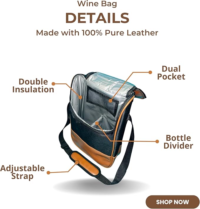 Ax store Wine Leather Tote Bag, Insulated Waterproof Cooler Bag for Picnic and Beach, Wine Carrier 2 Bottle, 2 Bottle Wine Bag, Zippered Wine Handbag Transporter for Gift and Travel, Leather Wine Bag