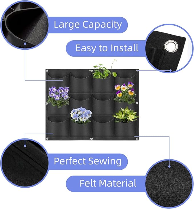 12 Pockets Hanging Planter Bags, Hanging Vertical Wall Mounted Plant Planting Grow Bags, Herb Garden Planter Outdoor Indoor Growing Bag, Gardening Vertical Greening Flower Container(0.6m×0.8m, Black)