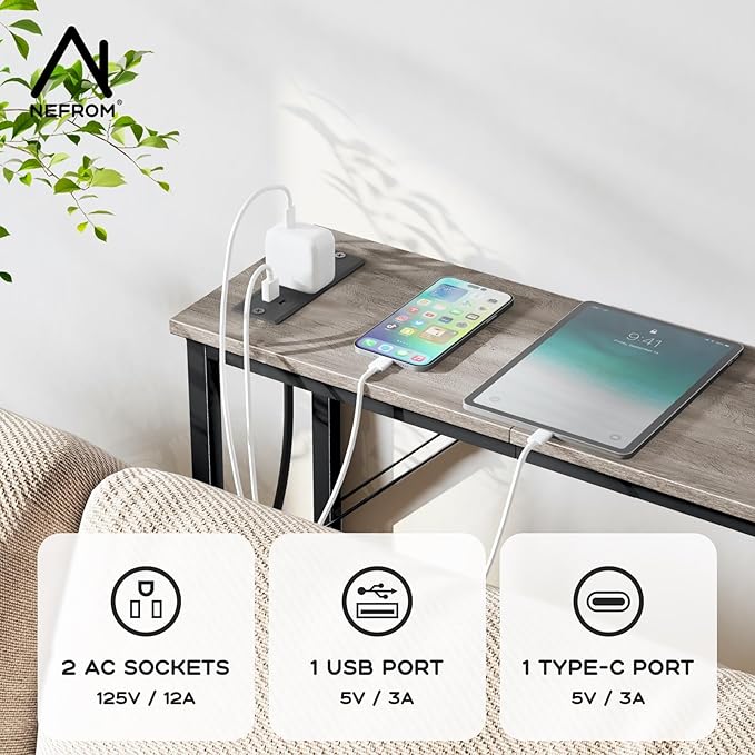 47.2'' Console Table, Skinny Entryway Table with Fast-Charging Station, Narrow Long Sofa Table, Behind Slim Couch Table for Entrance, Hallway, Living Room Decor ST-GY120-1