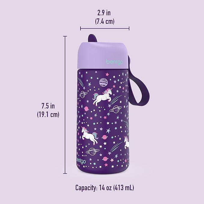 Bentgo® Kids Stainless Steel Insulated Water Bottle - Leak-Proof; Keeps Cool for 12 Hours; Durable, BPA-Free, Dishwasher Safe 14 oz. Cup for Ages 3+ for School/Sports/Daycare (Unicorn)