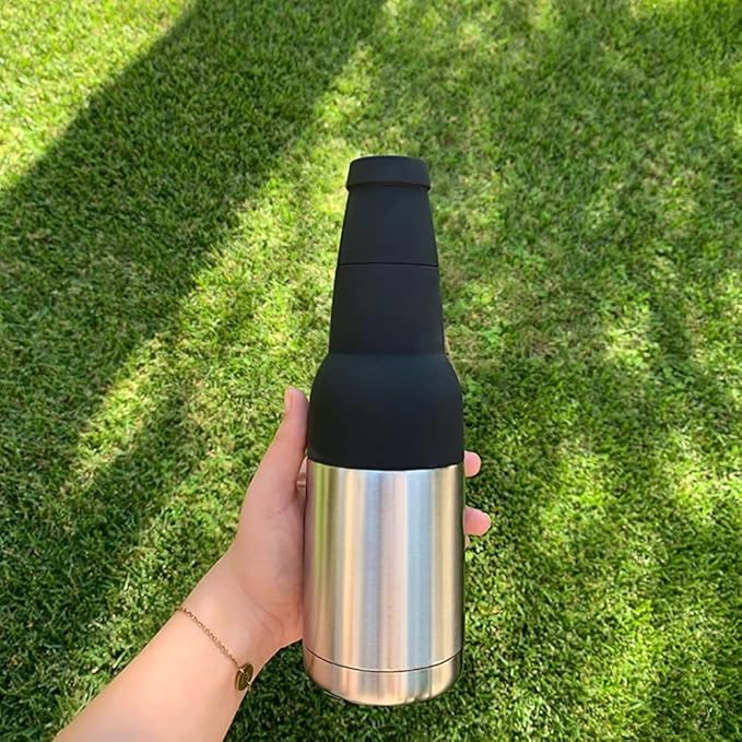 3 in 1 Beer Bottle and Can Cooler, Vacuum Insulated Double Walled Stainless Steel Cooler with Beer Opener, 12 oz Slim Can Insulator Holder (Silver)