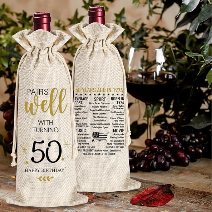 50th Birthday Gifts for Women Men, 50 Years Old Birthday Wine Bag Gifts, 50th Birthday Decorations, 1974 Birthday Gift, Happy 50th Birthday Party Wine Bag Gifts, Pairs Well With Turning 50