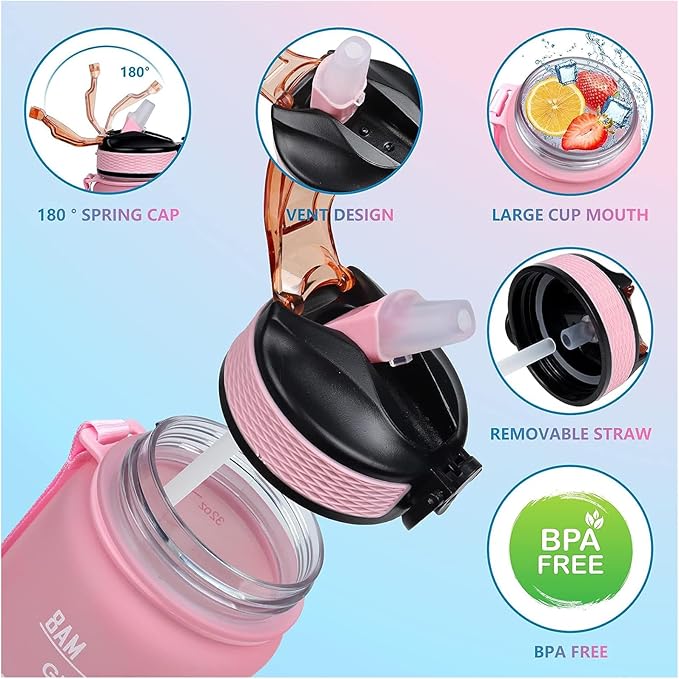 Boston Terrier 32 oz Water Bottle with Times Marker to Drink and Straw, Carrying Strap, Leakproof Tritan BPA-Free, Ensure You Drink Enough Water for Fitness Gym Camping Outdoor Sports