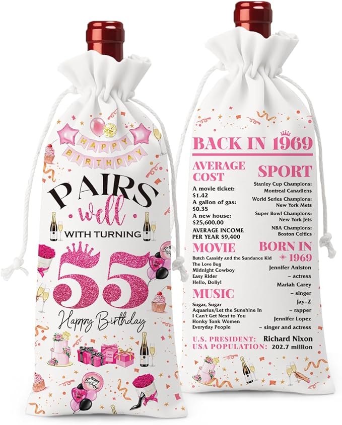 55th Birthday Gifts for Women Men Wine Bag, 55 Year Old Birthday Gifts for Women Men, 55th Birthday Party Decorations for Women Men, Pairs Well with Turning 55 Wine Bags (White Pink)