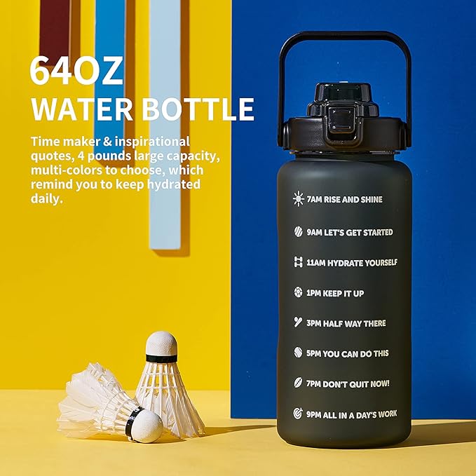 64oz,100oz,128oz Large Motivational Water Bottle with Time Marker, Leakproof & BPA Free Half Gallon Big Water Bottle with Straw Handle Tritan Frosted Water Jug for Gym,Fitness,Outdoor Sports