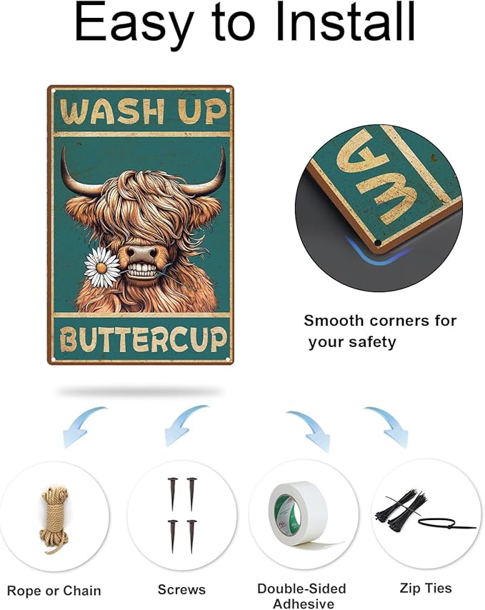 ALKB Highland Cow Sign Bathroom Wall Cow Painting for Western & Highland Cow Lovers - Funny Wash Up Sign 8 x 12 Inch