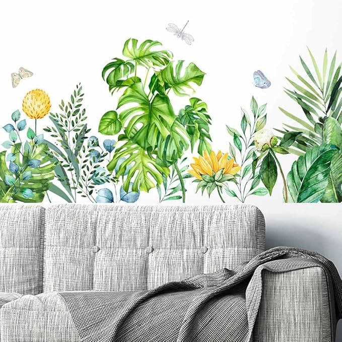 Boho Tropical Plants Wall Decals Peel and Stick Removable Art Wall Murals Natural Jungle Palm Leaf Green Wall Stickers Posters for Bedroom Bathroom Living Room TV Kitchen