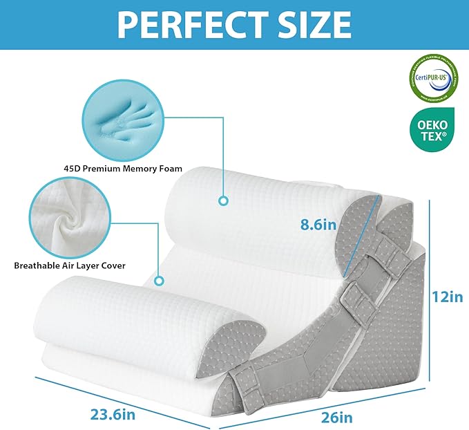 4pcs Orthopedic Bed Wedge Pillow Set, Memory Foam Post Surgery Pillow for Back, Leg Pain Relief, Adjustable Pillow Wedge for Sleeping, Bed Sitting up, Acid Reflux, GERD & Snoring, White/Grey