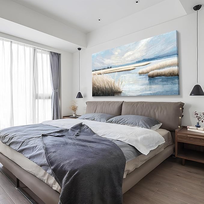 amatop Extra Large Coastal Marsh Landscape Wall Art – Neutral Blue Beige Wetland Canvas Print for Bedroom Living Room Office – Serene Nature Wall Decor,Oversized Ocean Artwork for Home Decoration