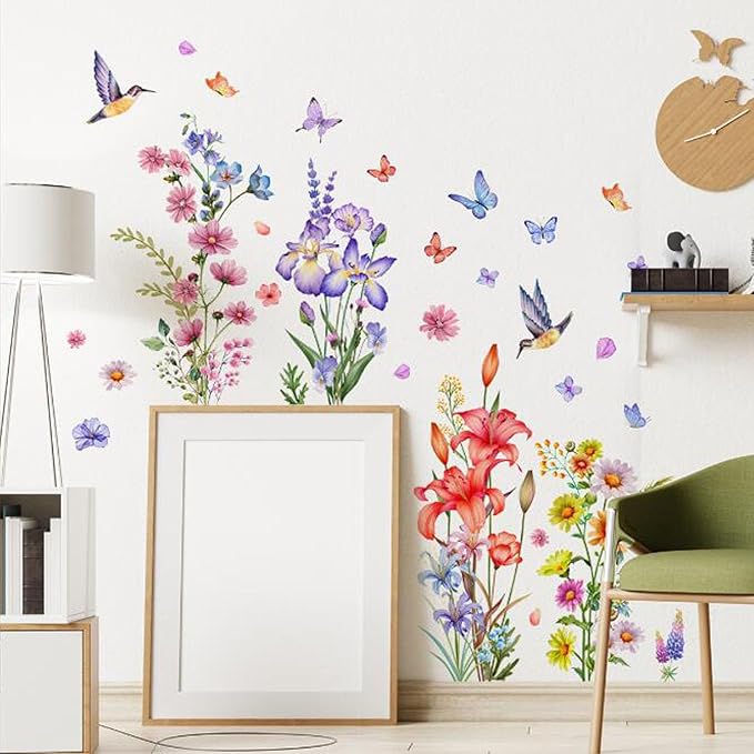 2PCS Colorful Flower Butterfly Wall Stickers, Removable DIY Cartoon Flower Blossom Wall Murals Stick 3D Wall Art Stickers Home Decor for Girls and Boy Bedroom Living Room