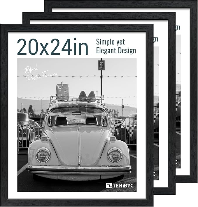 20x24 Picture Frame Set of 3, Textured Black Solid Wood Poster Frame, Wall Gallery Frame