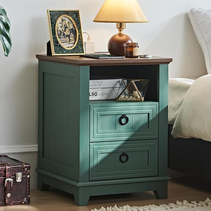 18" Farmhouse Night Stand with Charging Station, 2 Drawers Bedside End Table, Green Wooden Nightstand, Bed Side Table Cabinet with Open Shelf for Bedroom Living Room Office