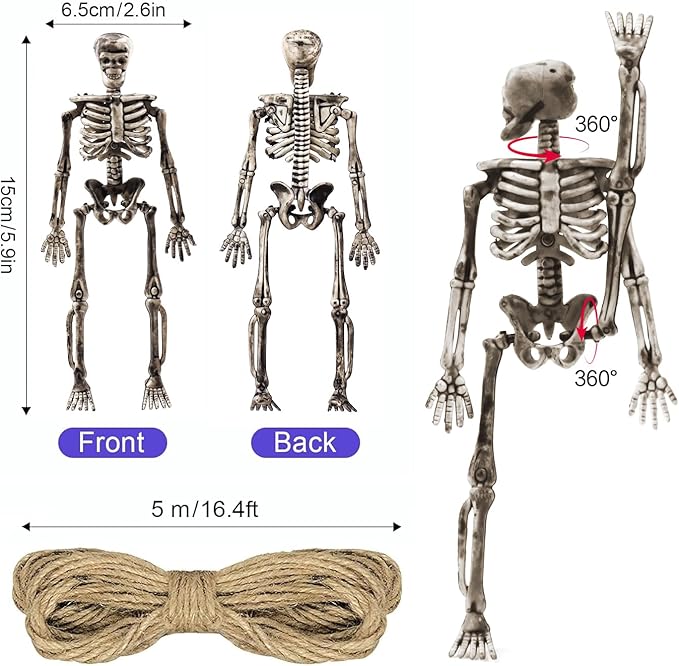 10 Pcs mini skeleton halloween decoration With hemp rope，6”small plastic posable halloween tiny skeleton figurines decor for Halloween Indoor Outdoor Graveyard Decor Haunted House Party Favors