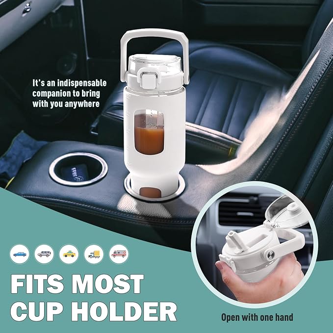 BLUEGO 32oz Glass Water Bottle with Handle and Straw|Leakproof Sports Glass Bottle with Time Marker and Silicone Sleeve|Glass Drinking Bottle for Travel, Gym, Workout, White