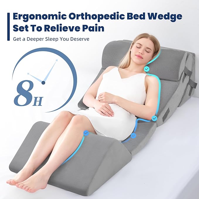 BDEUS 5pcs Orthopedic Bed Wedge Pillow Set, Memory Foam Wedge Pillow for Sleeping, Knee, Lumbar and Back Support Adjustable Bed Pillow, Deep Grey