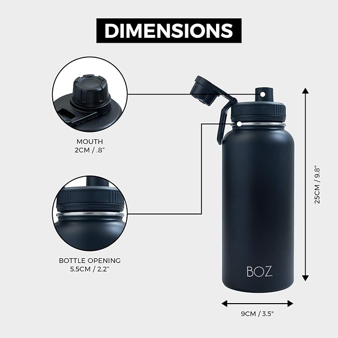 BOZ Stainless Steel Water Bottle XL (1 L / 32oz) Wide Mouth, BPA Free, Vacuum Double Wall Insulated (Matte Black)