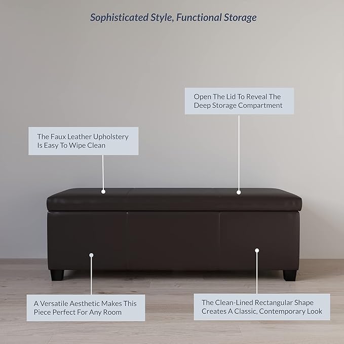BELLEZE 47 Inch Storage Ottoman, Faux Leather Storage Bench Bedroom Bench with Safety Close Hinge, Ottoman with Storage for Living Room, Entryway, Hallway, Foot Rest, Support 300lbs - Brown