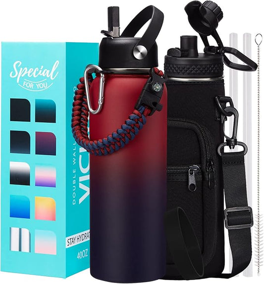 40 OZ Insulated Water Bottles with Straw Lid, Stainless Steel Water Bottle for Men Women, Wide Mouth Water Flask Sports Hydro Jug with Shoulder Carrier Bag, Paracord Handle, Straw & Spout Lids