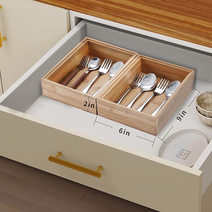Bamboo Drawer Organizer, 2PCS Stackable Storage Boxes for Utensil Organizer, Wood Tray for kitchen, Bathroom and Bedroom 9" x 6" x 2"