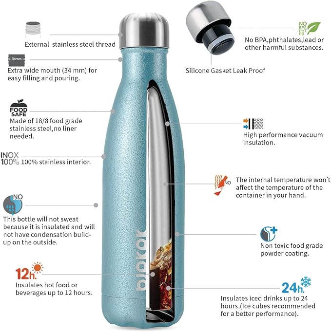 BJPKPK Stainless Steel Water Bottle -17Oz -Double wall Vacuum Insulated Bottle-Magnetite Turquoise