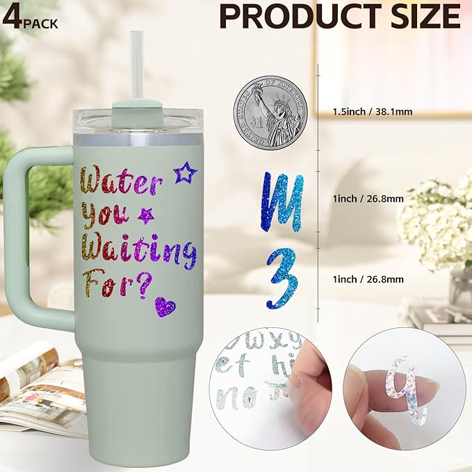4 Pack Personalized Letters Tags Stickers for Stanley Cups, Self Adhesive Waterproof Vinyl Alphabet Number Sticker, Shiny Logo Decor for Tumbler Adults Kids Laptop Sign Desk Classroom