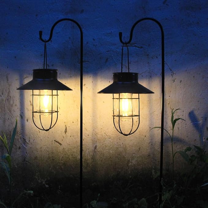 4 Pack Hanging Solar Lantern Lights with Shepherd Hook, Metal Waterproof Warm White Edison Bulb Lights for Garden Outdoor Pathway
