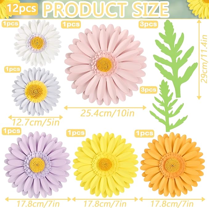 3D Paper Flowers Decorations for Wall, Large Daisy Paper Flowers for Bulletin Board, Wedding, Baby Shower, Tea Party, Classroom, Bedroom Decor
