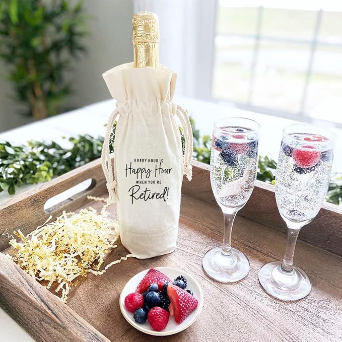 Andaz Press Retirement Wine Bag, Every Hour Is Happy Hour Wine Bottle Cover, Funny Retirement Gifts Canvas Wine Bag, Champagne Bottle Bag, Wine Bottle Gifts, Retirement Gifts For Men, Women, 1-Pack