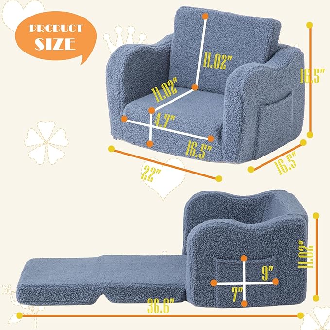 Baby Toddler Sofa Couch for Kids Foldable 2-in-1 Sherpa Fold Out Couch Bed for Playroom, Pull Out Children Convertible Sofa to Lounger Sleeper Chair for Boys & Girls with Double Pockets - Dark Grey