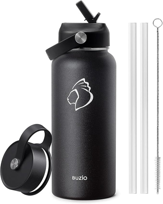 BUZIO Stainless Steel Water Bottle (Cold for 48 Hrs, Hot for 24 Hrs), 32 oz Vacuum Insulated Water Bottle with Straw Lid and Flex Cap (Double Wall, Wide Mouth, BPA Free, Leak Proof), Black