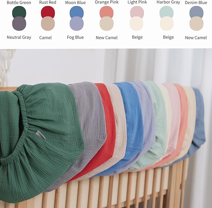 Breathable Crib Sheets for Toddler Bed Mattresses 100% Muslin Cotton Crib Sheets Fitted Boys Girls 2 Pack Soft and Comfortable Boho Bedding for Baby Neutral (Orange Pink&New Camel)
