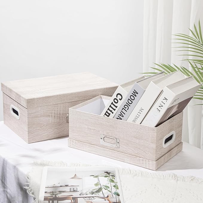 Briful Set of 2 Rustic Wood Grain Storage Boxes with Lids – Stackable Rectangular Organizer Bins, 14'' + 13'' Set Decorative Storage Containers for Bedroom, Living Room, Gifts