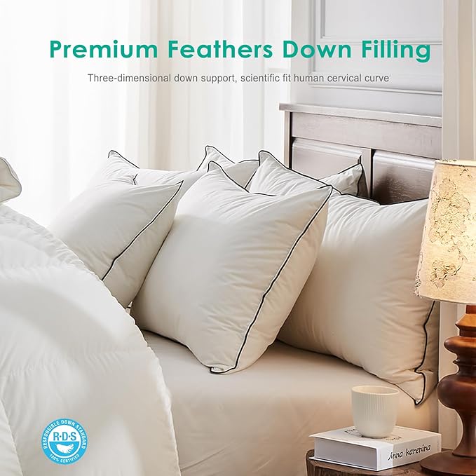 APSMILE Deep Sleep Down Pillows Queen Size Set of 2, Hotel Collection AirF™ Feather Pillow Inserts with Organic Cotton Cover, Medium Bed Pillows for Sleeping (White, 20"x30")