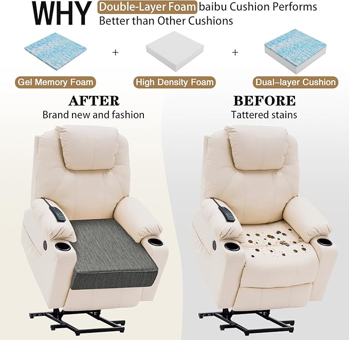 baibu 18"x 18"x 4" Dual-Layer Gel Memory Foam Chair Seat Cushion for Recliners, Couches, Armchairs, Extra Large Non-Slip Chair Cushions for Seniors, Washable, Grey