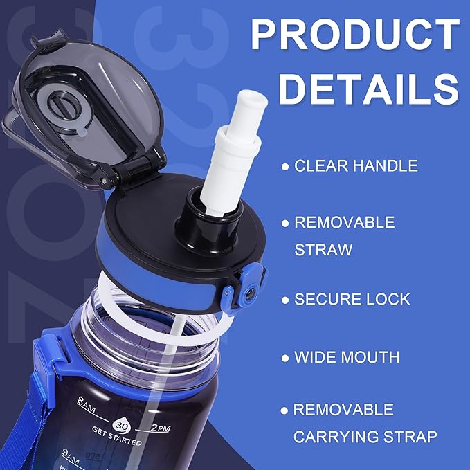 32 oz Water Bottle with Detachable Straw, Clear Motivational Water Bottles with Time to Drink, Tritan & BPA Free Sports Water Jug with Time Marker, Upgraded handle design