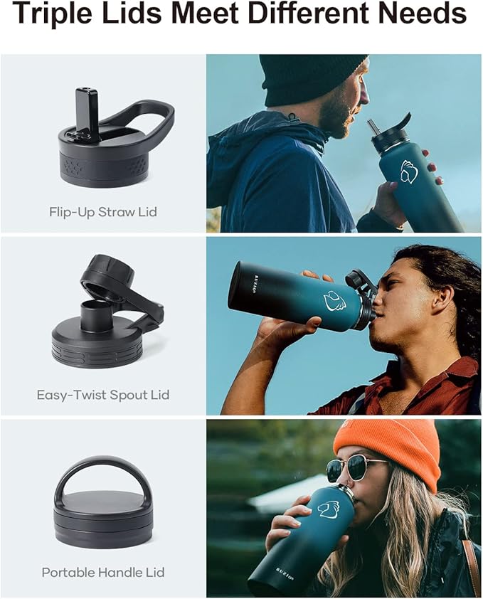BUZIO Water Bottle with Straw lid, Spout Lid, Hand Lid and Carrying Pouch, 32oz 40oz 64oz Stainless Steel Water Flask Jug, Cold for 48 Hrs Hot for 24 Hrs Double Vacuum Thermo Canteen Mug, BPA-Free