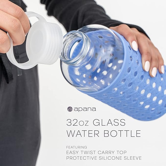 Apana Yoga Glass Water Bottles BPA Free Non Slip Sleeve Leak Proof Lid Reusable 19 Oz and 32 Oz Sports Water Bottle Wide Mouth Lid Portable Hydration Tumbler